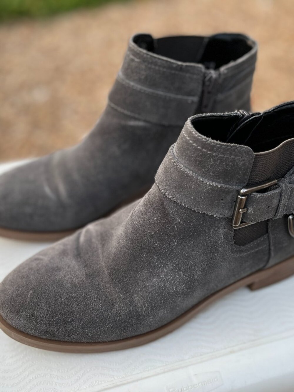 Gray Suede Aerosoles Susan Ankle Boots with a side zipper